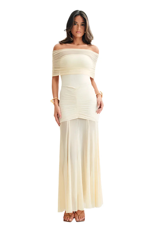 Women Ruffled Mesh Off-Shoulder Maxi Dress | Backless Long Party Dress Yellow