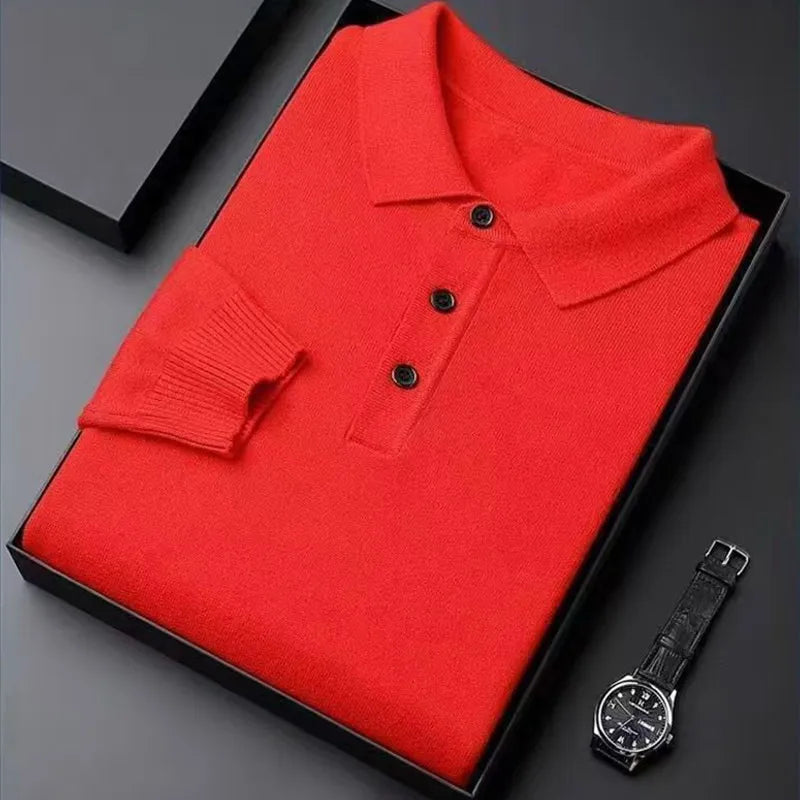 Men Pure Wool Sweater | Polo Knitted Pullover | Warm Red