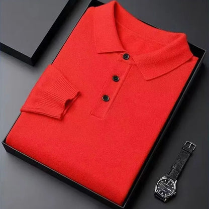 Men Pure Wool Sweater | Polo Knitted Pullover | Warm Red