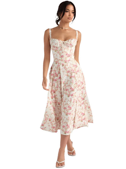 Women Casual Slit Floral Print Dress | Midi Summer Dress | Sundress | Holiday Dress pink