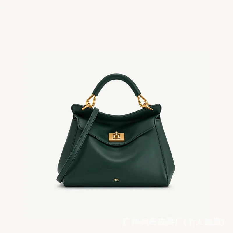 Women Leather Pillow Bag | Lock Clasp Handbag | Small Handbag | Shoulder Bag | Crossbody Bag dark green