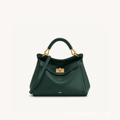 Women Leather Pillow Bag | Lock Clasp Handbag | Small Handbag | Shoulder Bag | Crossbody Bag dark green