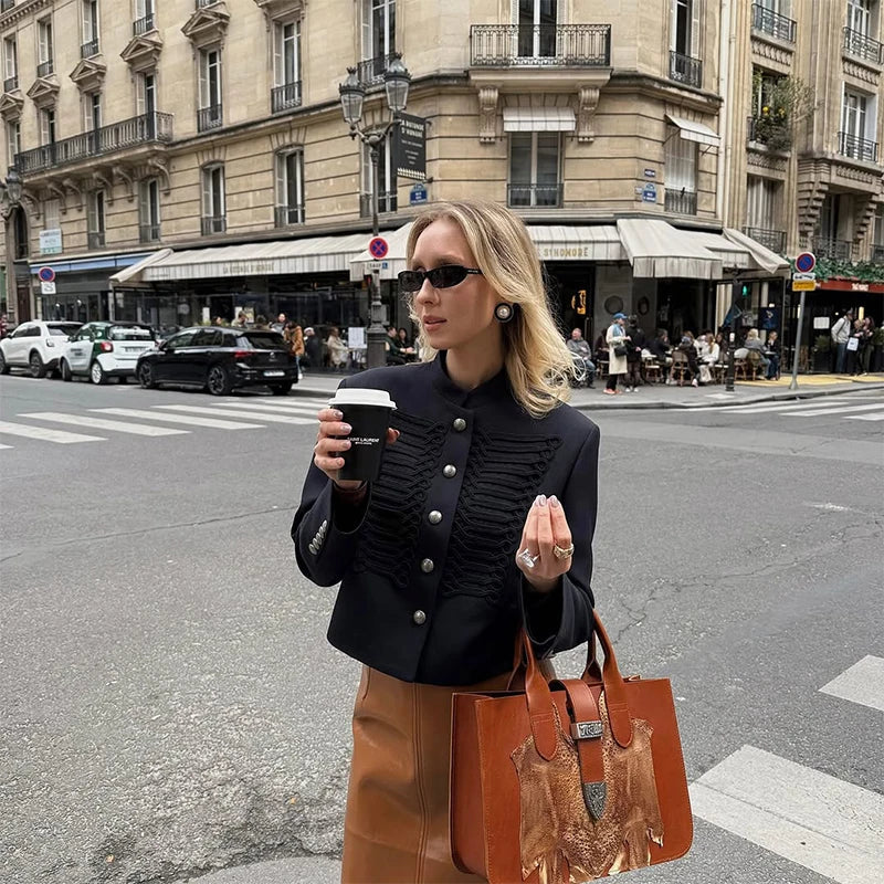 Women Napoleon Jacket | Elegant Office Short Coat | Stand Collar | Spring Jacket | Military Jacket