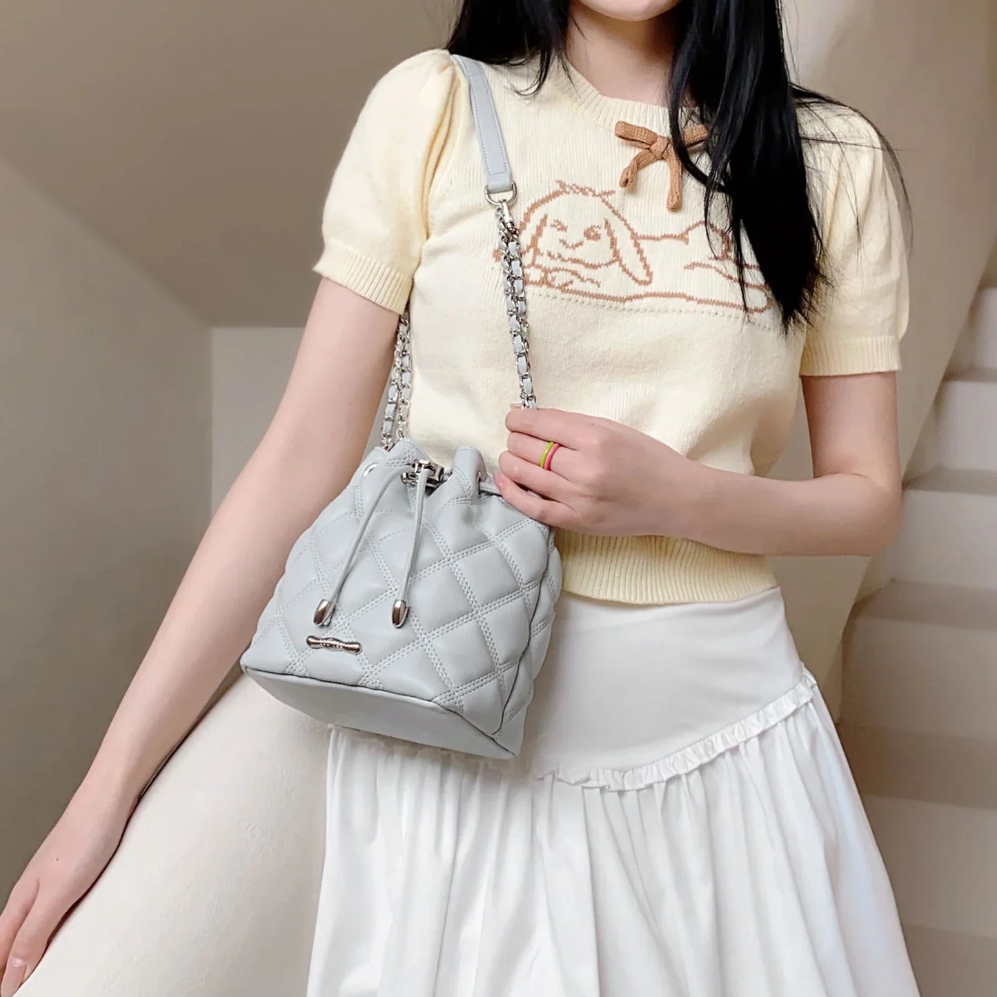 Women Classic Leather Bucket Bag | Lingge Chain Bag
