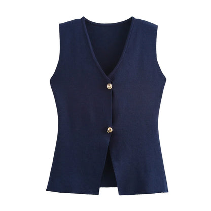 Women V-Neck Pleated Knitted Casual Vest Top | Summer Button Sleeveless Vest blue