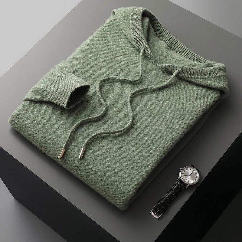 Men Merino Wool Hoodie | Casual Knitted Pullover Sweater | Hooded Collar Deep bean green