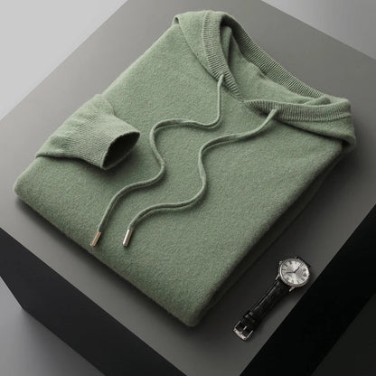 Men Merino Wool Hoodie | Casual Knitted Pullover Sweater | Hooded Collar Deep bean green