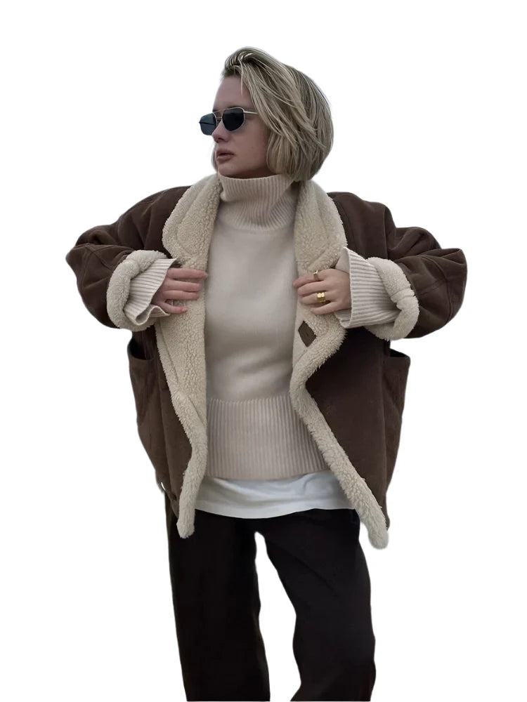 Women Oversized Loose Shearling Jacket | Long Sleeves Fleece Jacket