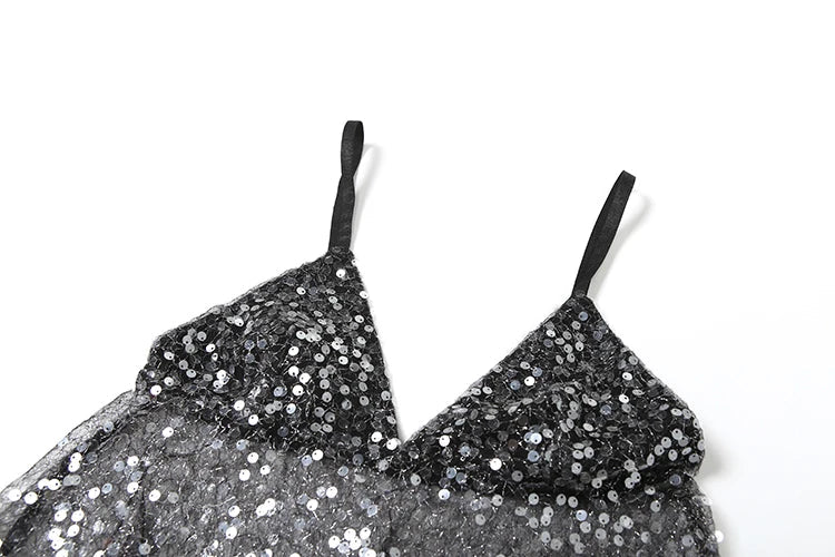Women Sequin Patchwork Mesh Camisole | V-Neck | Backless Top | Summer