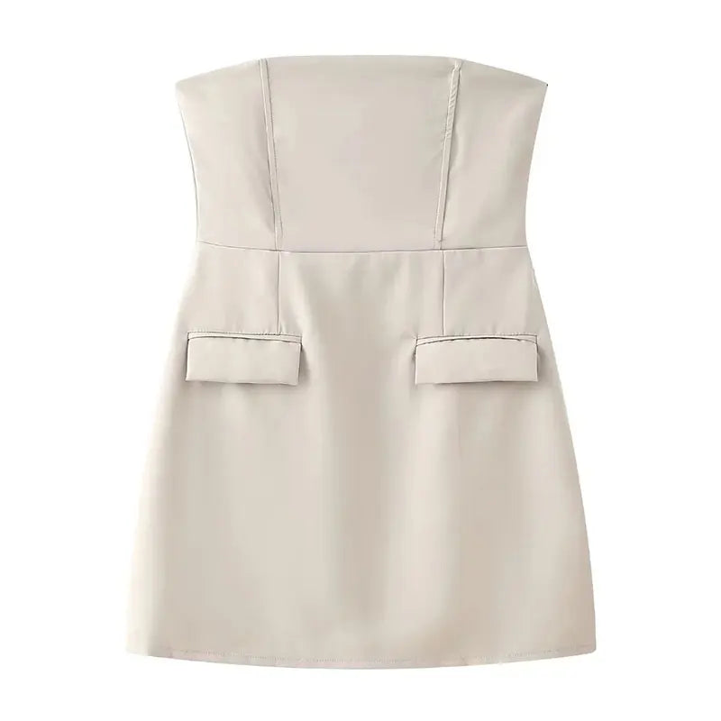 Women Summer Evening Dress with Pockets | Solid Strapless Slim Mini Party Dress khaki