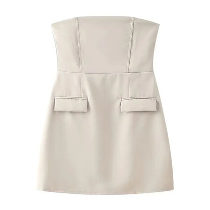 Women Summer Evening Dress with Pockets | Solid Strapless Slim Mini Party Dress khaki