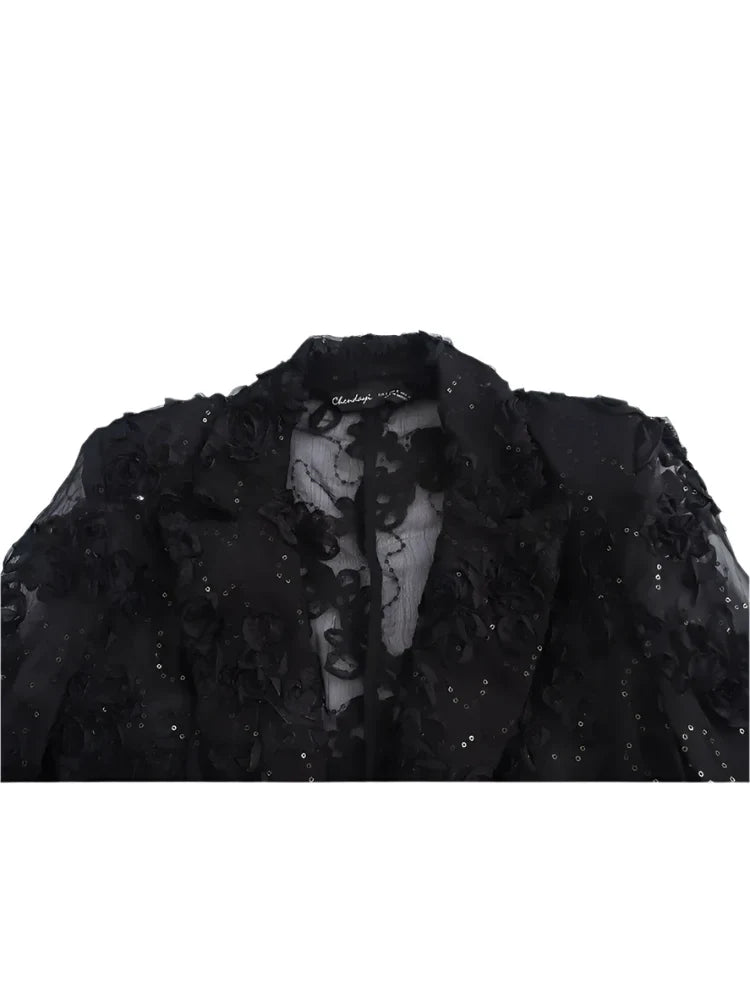 Women Semi Transparent Party Wear Suit Set | Sequin Decorative 2 Piece Blazer Top Set