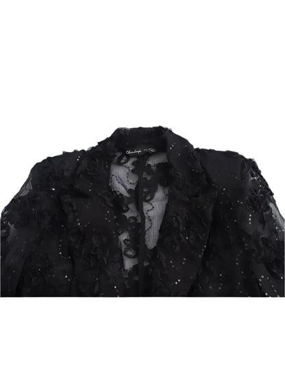 Women Semi Transparent Party Wear Suit Set | Sequin Decorative 2 Piece Blazer Top Set