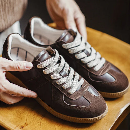 Men Classic Brown Spliced German Trainer Shoes | Flat Low-Top Sneakers | Casual Lace-up Shoes Brown