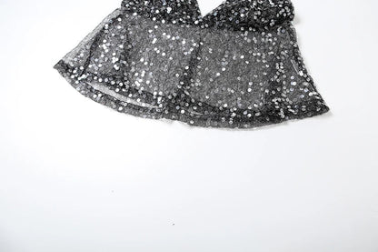 Women Sequin Patchwork Mesh Camisole | V-Neck | Backless Top | Summer