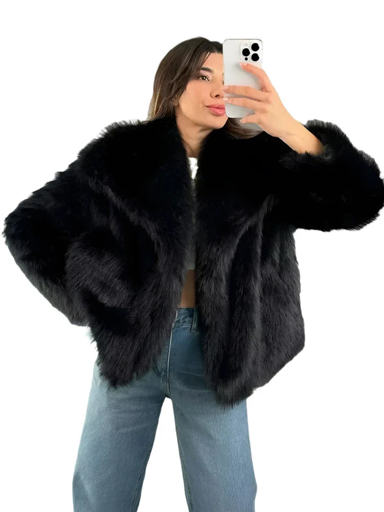 Women Short Woven Fur Coat | Loose Stand Collar Long Sleeve Coat