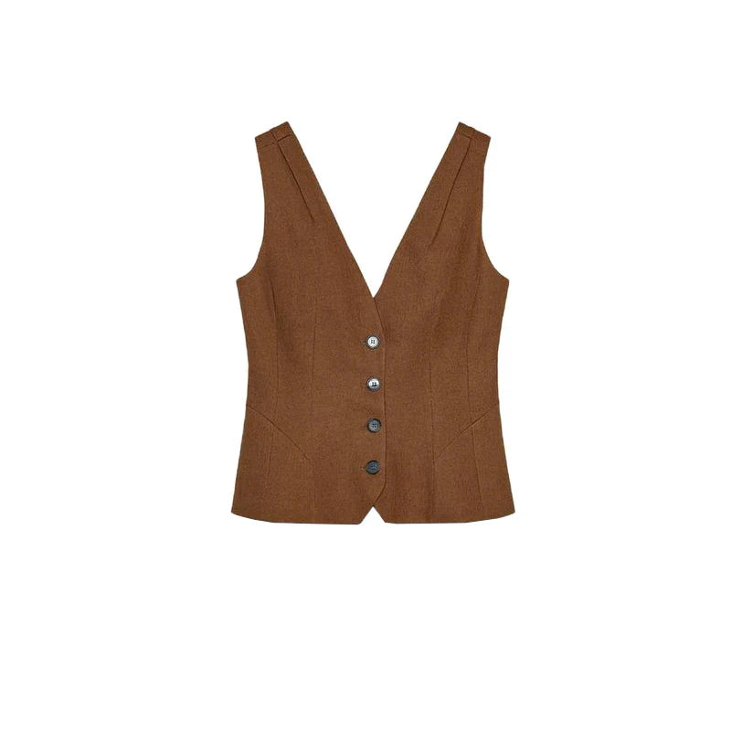 Women Brown Casual Pleated Pants | V Neck Vest Top | Set Top