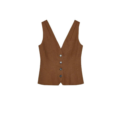 Women Brown Casual Pleated Pants | V Neck Vest Top | Set Top