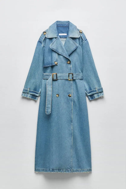 Women Vintage Denim Long Coat | Double Breasted | Winter Long Coat