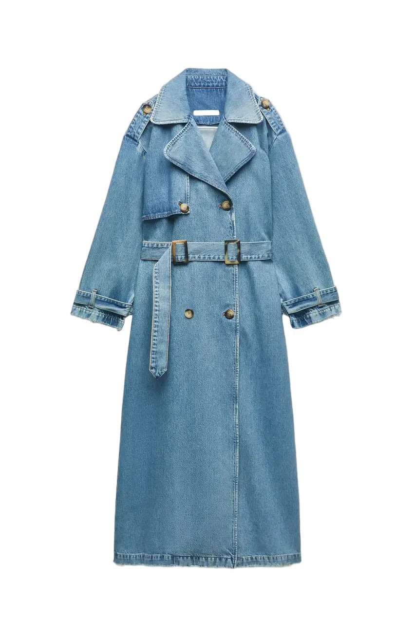 Women Vintage Denim Long Coat | Double Breasted | Winter Long Coat Washed Blue