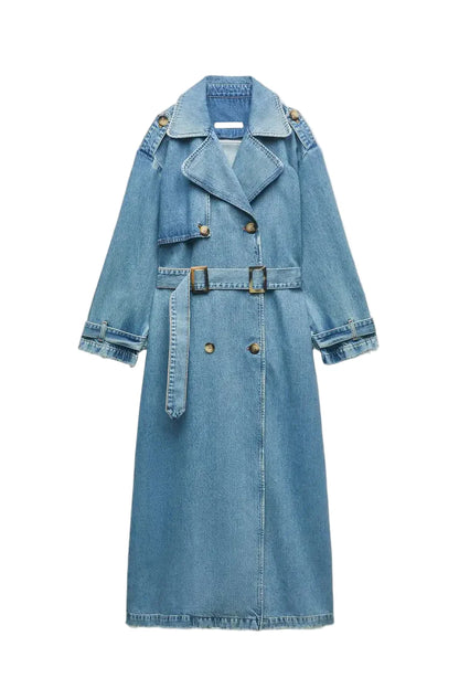 Women Vintage Denim Long Coat | Double Breasted | Winter Long Coat Washed Blue