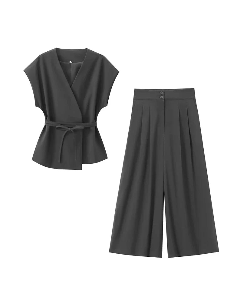 Women Sleeveless V-Neck Top With Belt Straight Pants Set | Top Trouser Suit | 2 Piece Set