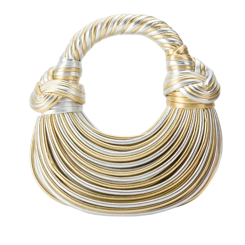 Women Luxury Designer Handwoven Noodle Bag | Rope Knotted | Hobo Evening Clutch Golden And Silver