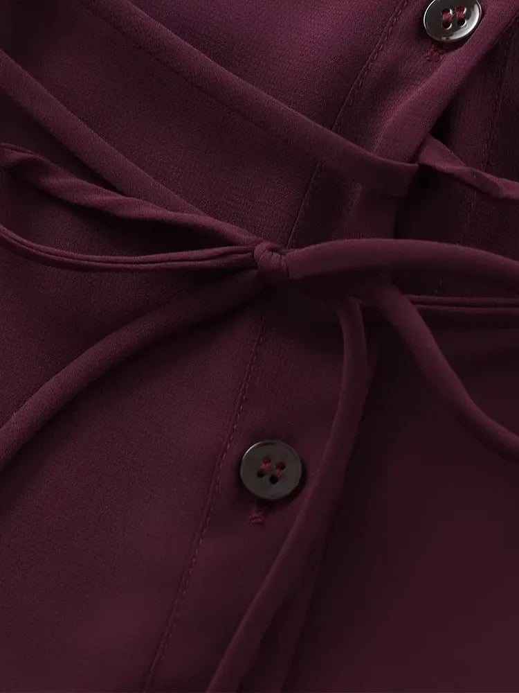 Women Burgundy Blouse | Lapel Bowknot Decorated Drape | Long Sleeve Slim Waist Shirt
