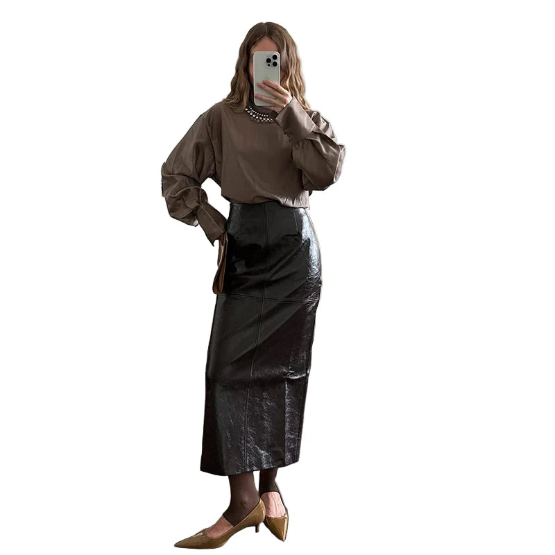 Woman Glossy Leather Two Piece Set | Leather Jacket | Straight Long Leather Skirt | Autumn | Stand Collar Zipper Jacket | Brown Skirt