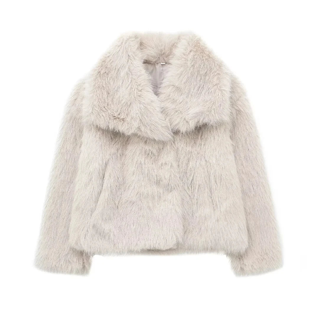Women Short Woven Fur Coat | Loose Stand Collar Long Sleeve Coat Beige