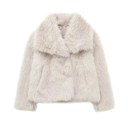 Women Short Woven Fur Coat | Loose Stand Collar Long Sleeve Coat Beige