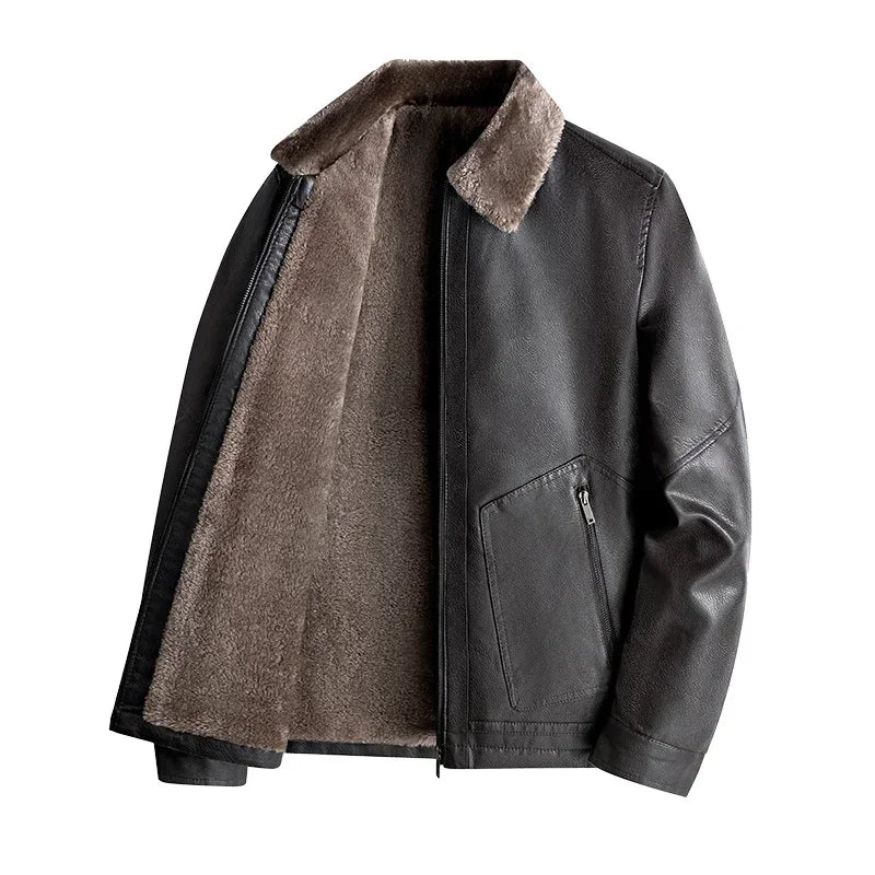 Men Thick Warm Fleece Leather Jacket | Business Casual Biker Coat | Motorcycle Fur Jacket coffee