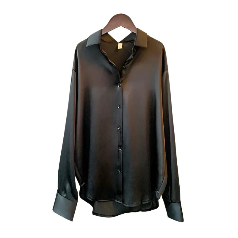 Women Satin Blouse | Long Sleeve Button-Down | Casual Office Silk Shirt Black