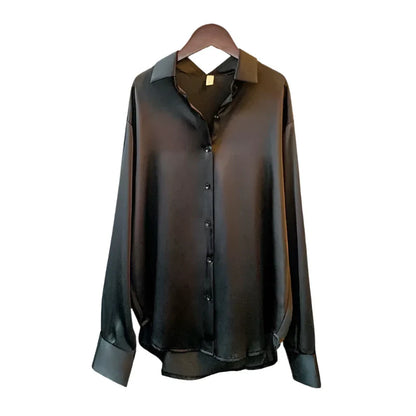 Women Satin Blouse | Long Sleeve Button-Down | Casual Office Silk Shirt Black