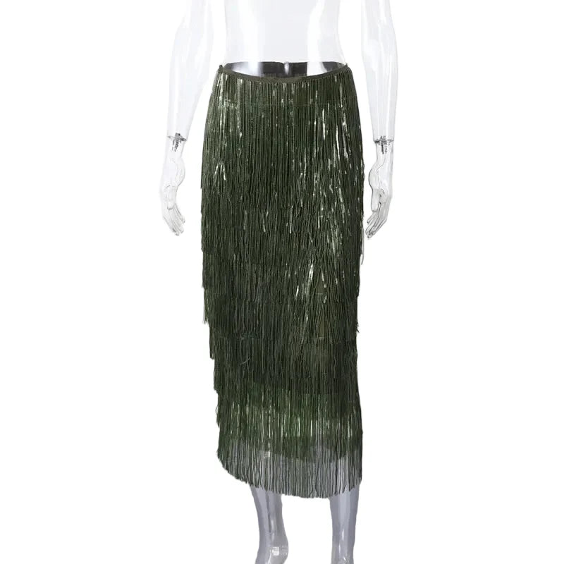 Women Beaded Tassel Long Skirt | Loose | High Waist | Y2K | Party Wear