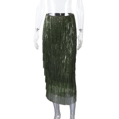 Women Beaded Tassel Long Skirt | Loose | High Waist | Y2K | Party Wear