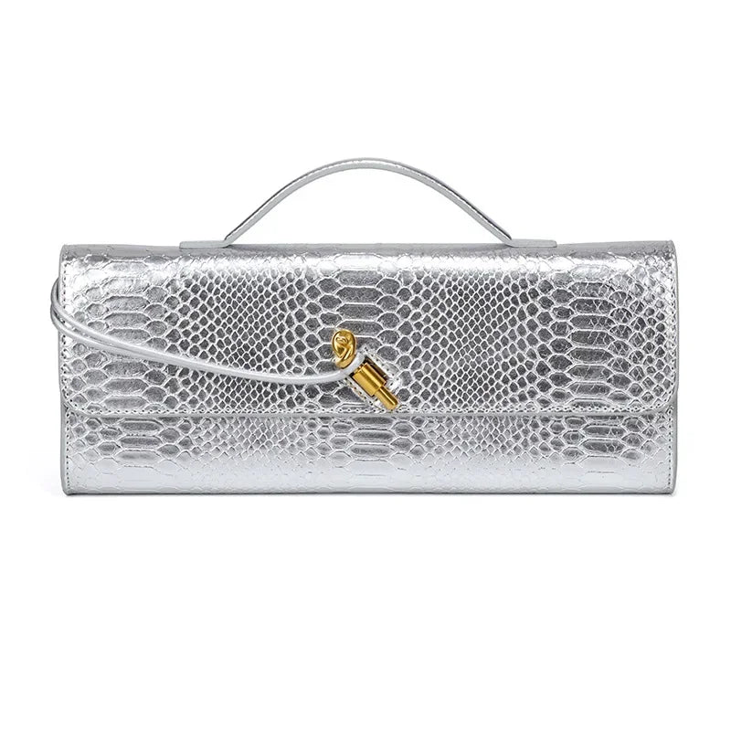 Women Luxury Design Top-Handle Leather Bag | Long Purse | Crocodile Pattern Bag silver