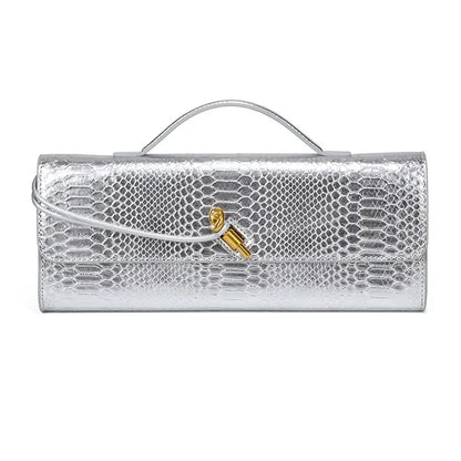 Women Luxury Design Top-Handle Leather Bag | Long Purse | Crocodile Pattern Bag silver