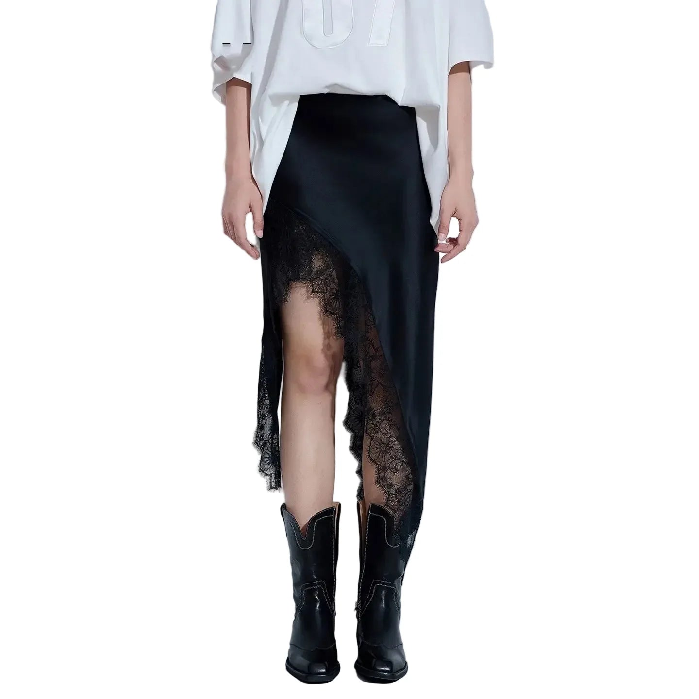Women Black Satin Midi Skirt | Lace Patchwork | Asymmetrical Skirt | High Waist | Slit