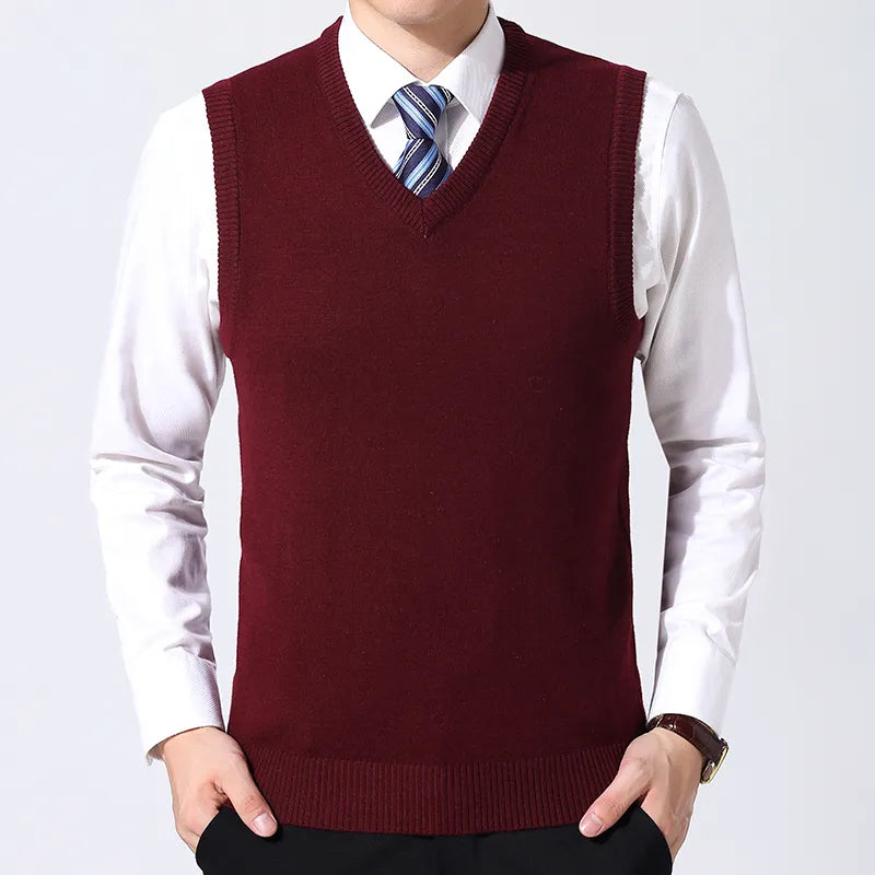 Men Knitted Cotton Sweater Vest | Casual Warm Winter V-Neck Outerwear