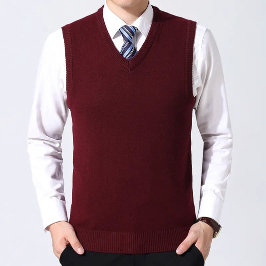 Men Knitted Cotton Sweater Vest | Casual Warm Winter V-Neck Outerwear