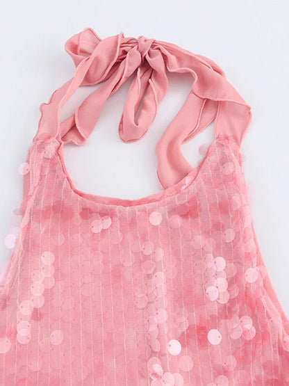 Women Sequin Halter Party Dress | Pink Slim Sleeveless Backless Mini Dress