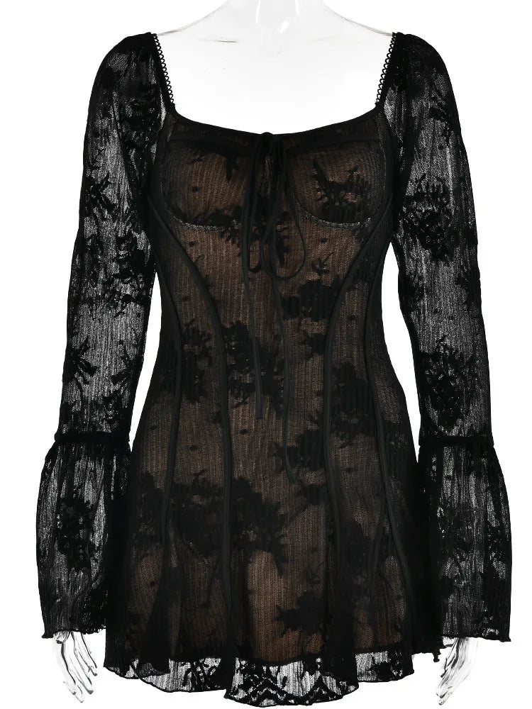 Women Elegant Long Sleeve Mini Dress | Square Neck | Patchwork