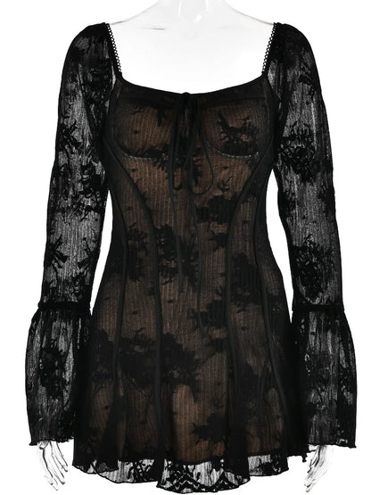 Women Elegant Long Sleeve Mini Dress | Square Neck | Patchwork
