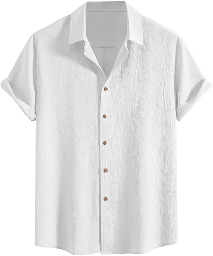 Men Cotton Wrinkle Textured Button Down Shirt | Casual Beach Hawaiian Summer Shirt White