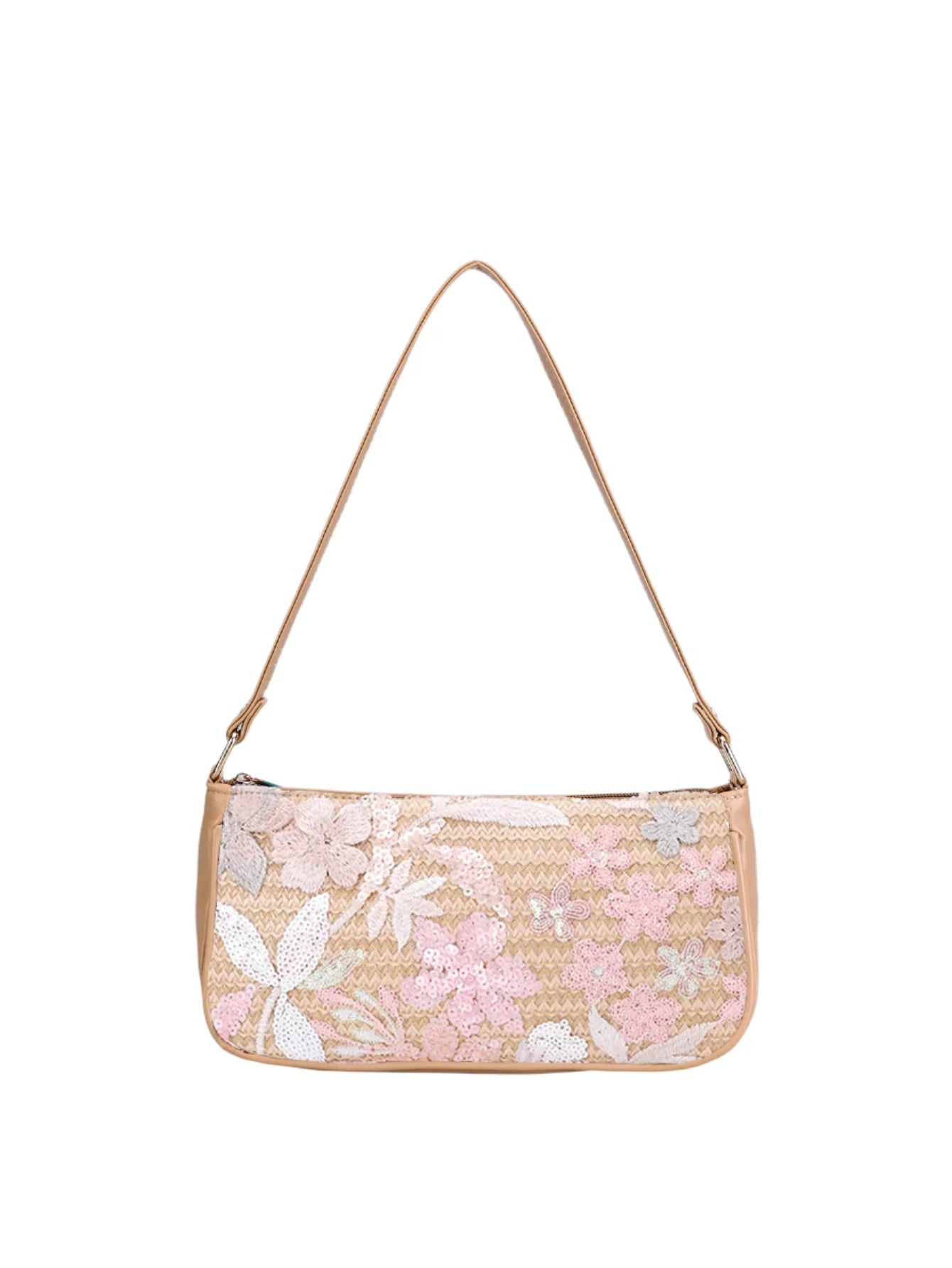 Women Sequin Embroidery Underarm Bag | Flower Pattern Shoulder Bag | Summer Beach Handbag Pink