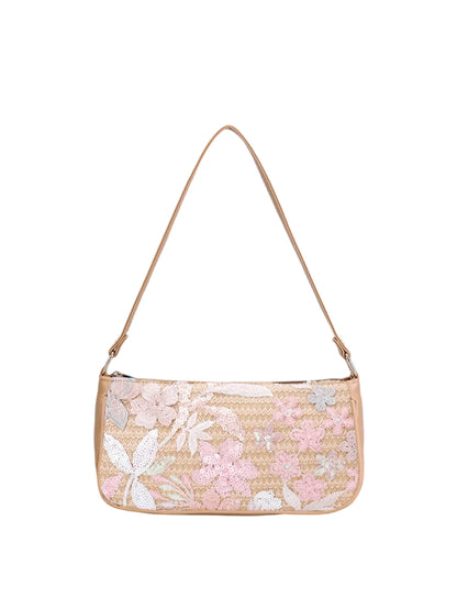 Women Sequin Embroidery Underarm Bag | Flower Pattern Shoulder Bag | Summer Beach Handbag Pink