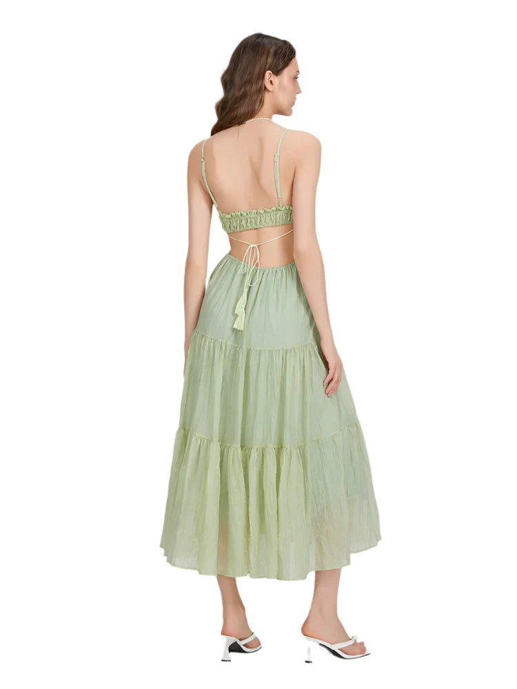Women Summer Flowy Long Dress | Spaghetti Strap Backless Ruffled A-line Dress | Bohemian Holiday Sundress