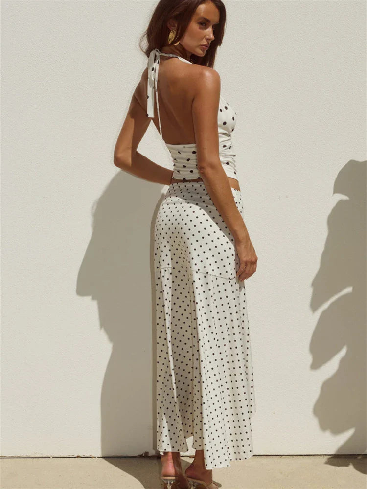 Women Polka Dot Set | V Neck | Sleeveless Top | High Waist Mini Skirt