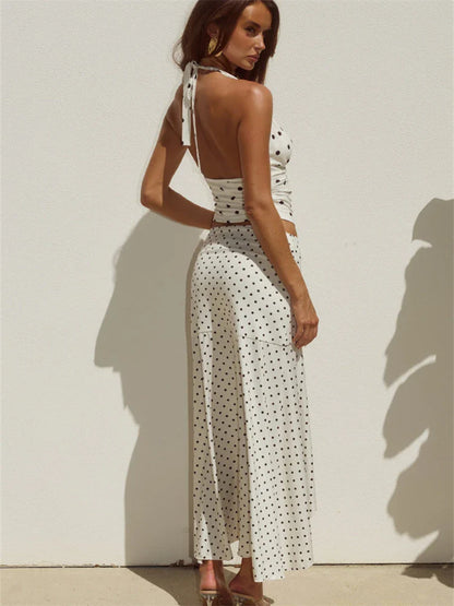 Women Polka Dot Set | V Neck | Sleeveless Top | High Waist Mini Skirt